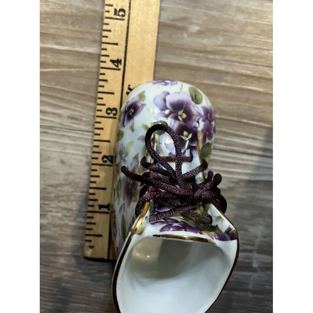 NANTUCKET HOME PORCELAIN Baby Shoe‎ with Violets, Gold Trim and Purple Lace